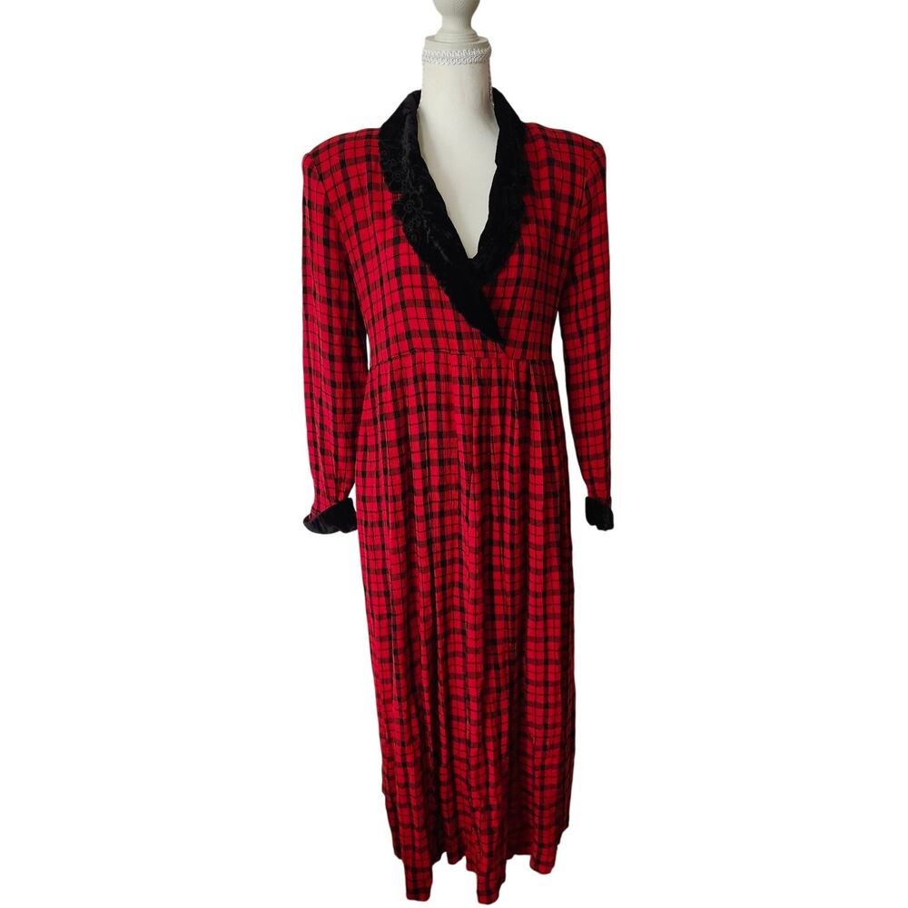 Vintage 90s Impulsive Red Black Plaid Velvet Collar Maxi Dress L XL Goth